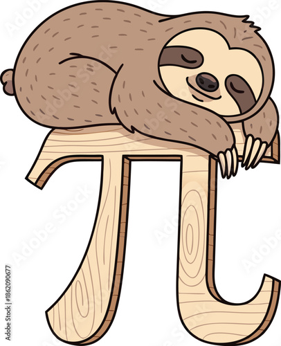 Cute Sloth Holding Pi Symbol Vector Illustration - Funny Math Pun and Science Humor Graphic.