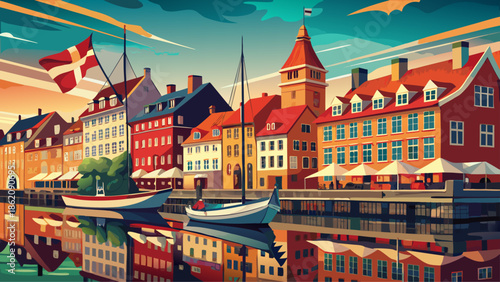 Very beautiful vibrant Danish flag waving above colorful historic buildings along Nyhavn harbor in Copenhagen, Denmark, reflecting national pride, maritime heritage, and lively Scandinavian city atmos
