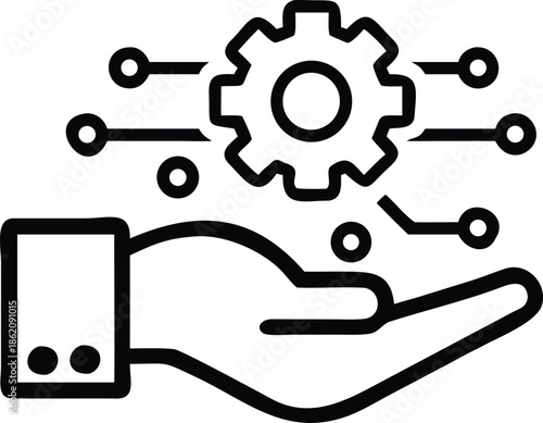 Hand holding digital gear with connected circuits, business automation technology icon