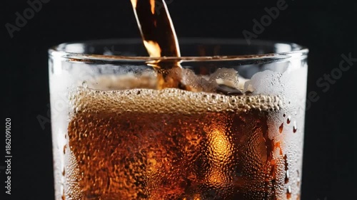 Wallpaper Mural Close-up shot of dark soda being poured into a clear glass with ice and creating bubbles Torontodigital.ca