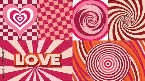 Retro abstract love collage with hearts, spirals and geometric patterns