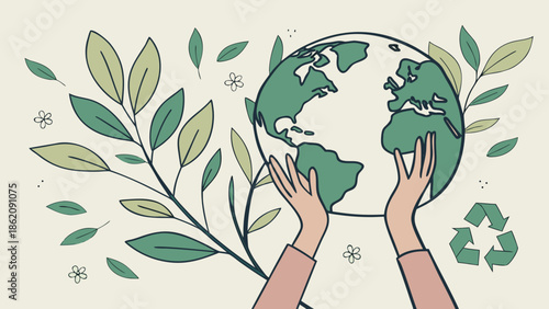 Hands holding a green tree over a global earth map concept representing environmental protection and nature ecology care to save the planet