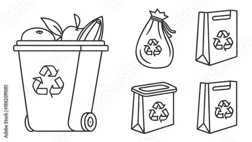 Isolated cartoon vector set of recycle bin icons featuring white kitchen containers for milk bottles, juice cans, and glass water cups