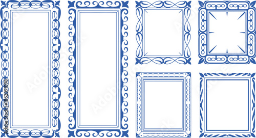 Ornate Blue Frames with Intricate Patterns on White Background swirls