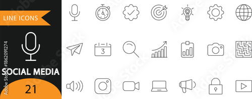 A clean vector set of 21 social media line icons featuring audio, video, messaging, analytics, security, and publishing symbols. Ideal for social media presentations, content marketing infographics, U