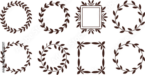 Seven decorative leafy frames in black and white with circular and square shapes circular frames square frames