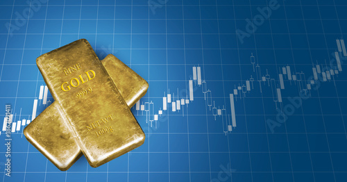 1 Kilo pure gold bars on digital candle chart showing upward trend of pricing