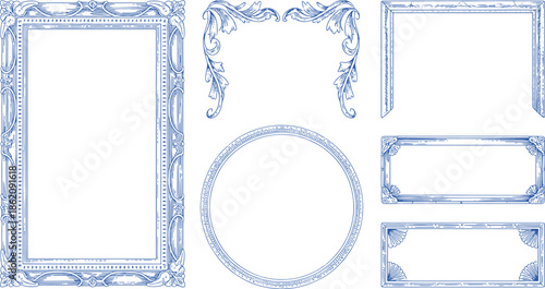 Ornate blue decorative frames and circular border with intricate floral patterns