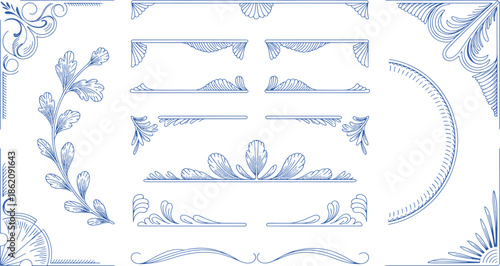 Ornate blue floral and shell decorative border patterns on white background