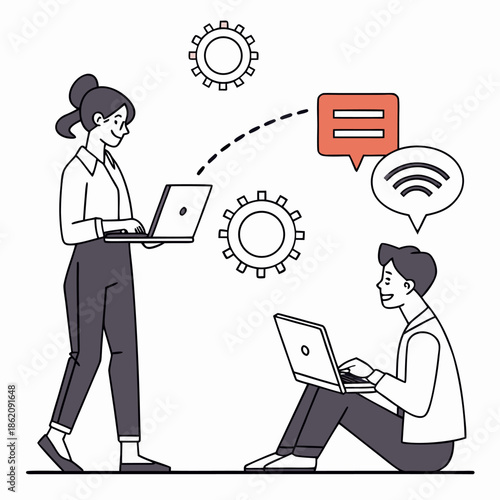 Flat Vector Illustration of Two Business People Collaborating Online