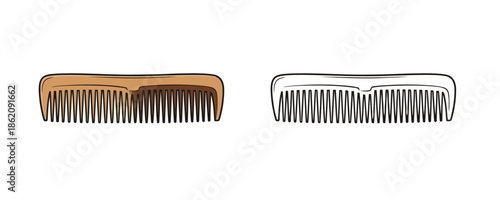 Wooden hair comb in cartoon and outline styles with brown textures and black teeth for daily grooming or barber shop care isolated on a plain white background