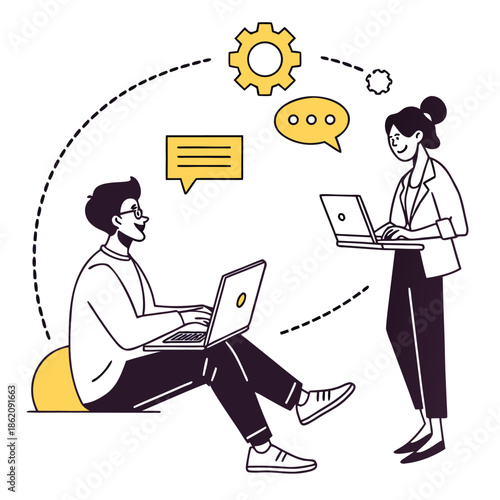 Flat Vector Illustration of Two Business People Collaborating Online