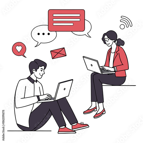 Flat Vector Illustration of Two Business People Collaborating Online