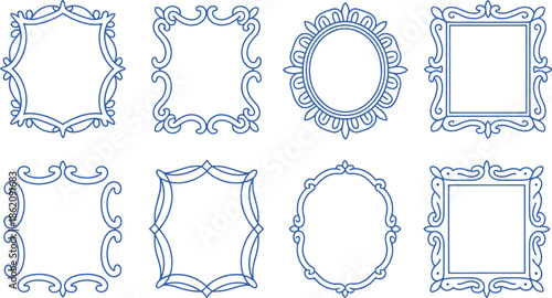 Eight ornate blue frame outlines with intricate on white background