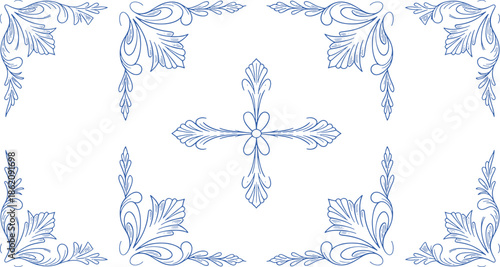 Ornate blue floral patterns arranged in a square frame with a central cross motif decorative