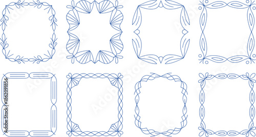 Decorative blue line frames with floral and geometric patterns