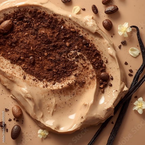 A close-up, top-down view of creamy mocha-colored frosting swirled with dark chocolate crumbs and coffee beans.