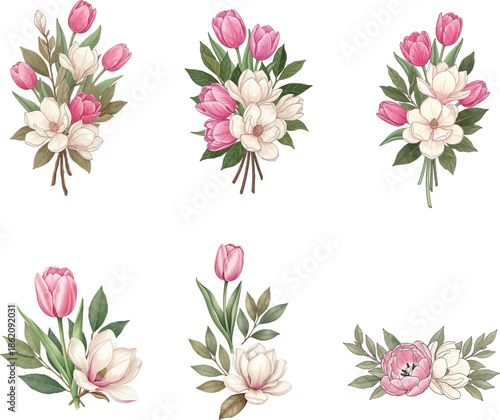 Tulip, Magnolia, and Bay laurel Elegant Watercolor Loose Hand-Tied Bouquet Florals