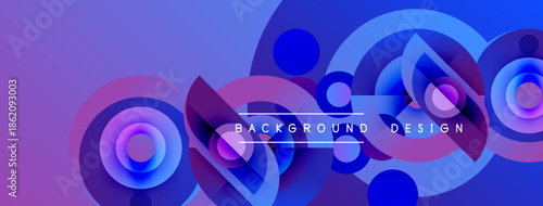 Abstract background features vibrant blue, purple circles. Modern design elements create dynamic visual impact. Smooth gradients enhance depth.