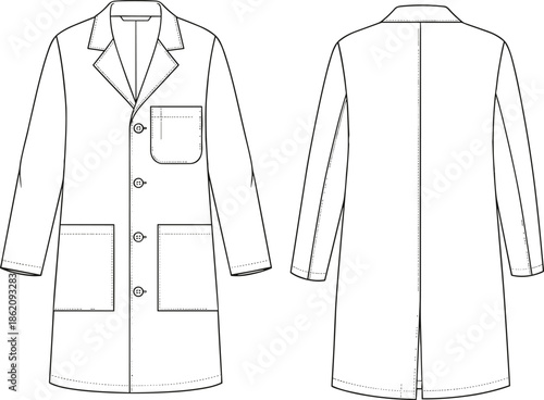 Lab coat technical sketch, front and back view, black and white vector, garment construction lines, fashion design, apparel pattern, tailoring illustration
