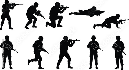 Black military soldier silhouettes set with army men in tactical combat poses holding rifles isolated on white background for war.