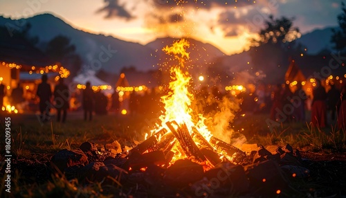 Vibrant Lohri Festival Celebration with Large Central Bonfire and People Celebrating in Silhouette