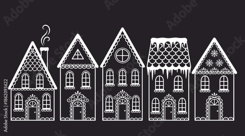 White line art vector illustration of Christmas gingerbread houses with snowy roofs and winter patterns on a dark chalkboard background.