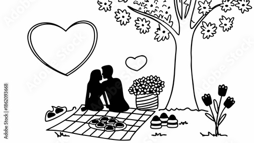 Couple Sharing a Romantic Picnic Under a Tree with Heart-Shaped Surroundings