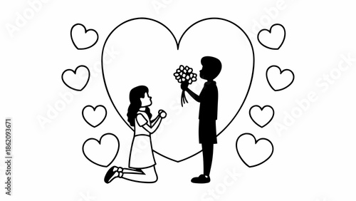 A kneeling woman proposing to a standing man surrounded by hearts on a white background