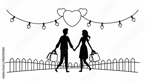 Couple holding hands and walking past a fence under a string of lights on a romantic evening