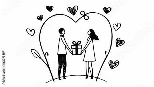 A man and woman exchanging a gift surrounded by hearts
