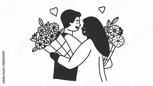 Couple Sharing a Romantic Moment with Bouquets of Flowers