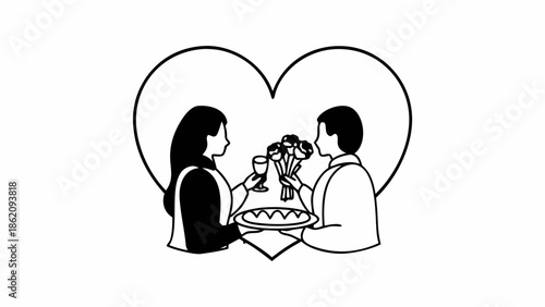 Couple Celebrating Anniversary with Cake and Drinks Inside a Heart-Shaped Frame