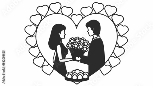 Couple Exchanging Flowers Inside a Heart-Shaped Frame Surrounded by Hearts
