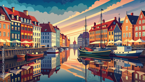 Very beautiful scenic view of Nyhavn in Copenhagen, Denmark, featuring charming waterfront houses, calm canal waters, and a lively atmosphere symbolizing classic Scandinavian urban beauty.