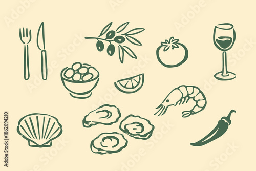 Italian seafood dinner icons ink sketch vector illustration