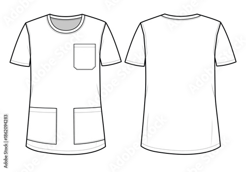Crew neck scrubs t-shirt vector illustration technical flat drawing by adobe illustrator.