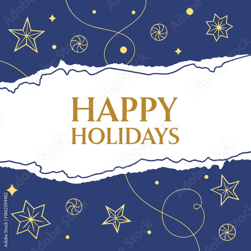 Festive holiday greeting with gold stars and swirls on blue background