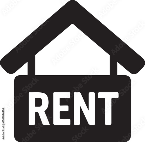 Rent signboard hanging from roof symbolizing rental property, leasing, and real estate icon