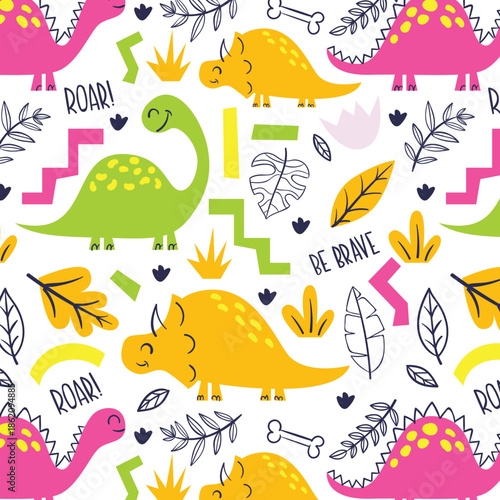 childish dinosaur seamless pattern for fashion clothes, fabric, t shirts. hand drawn vector with lettering.
