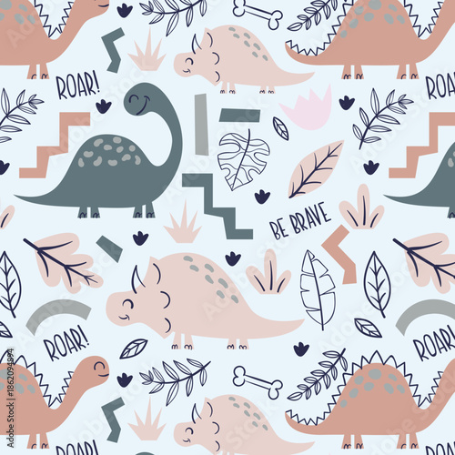 childish dinosaur seamless pattern for fashion clothes, fabric, t shirts. hand drawn vector with lettering.
