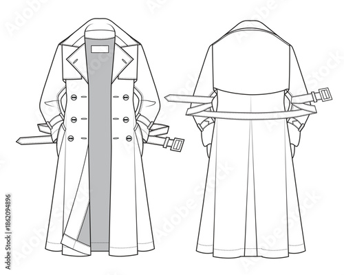 Trench coat vector illustration technical flat drawing by adobe illustrator.