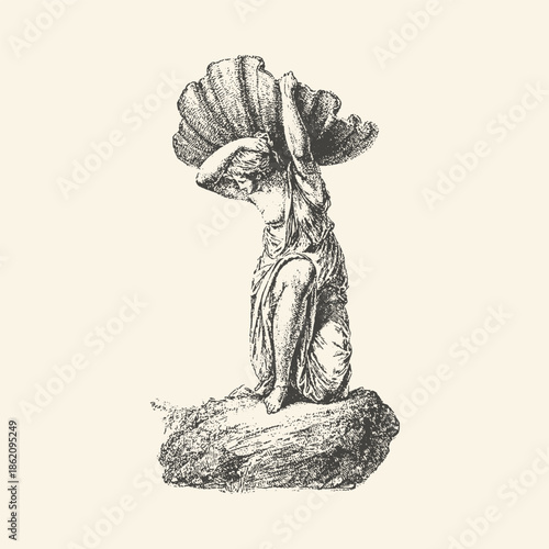 Vintage Engraving of a Mythological Sea Nymph Kneeling on a Rock Holding a Large Giant Clam Seashell, Classical Illustration Art