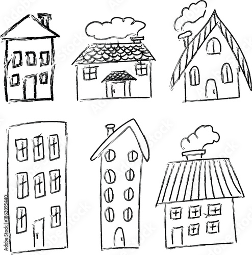 Hand drawn house building icon set with roof outline, doodle sketch style home symbols collection, vector illustration clipart