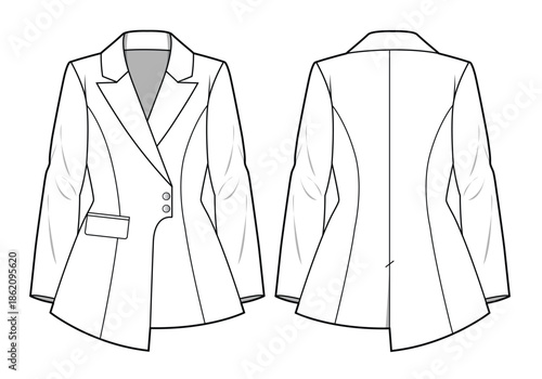 Women's blazer flat drawing vector design mockup template.