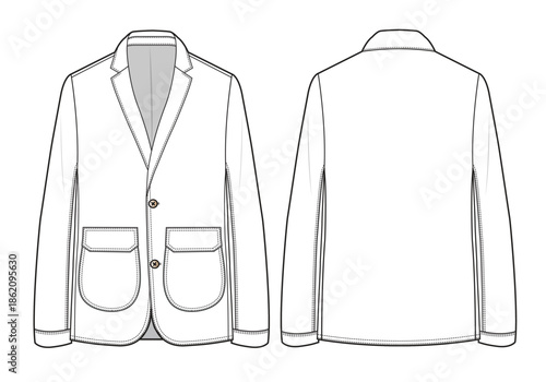 Denim blazer design technical flat sketch vector mockup template.