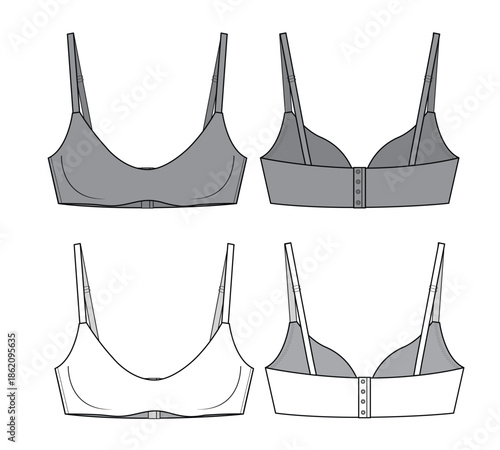 Push up bra technical flat drawing vector mockup template.