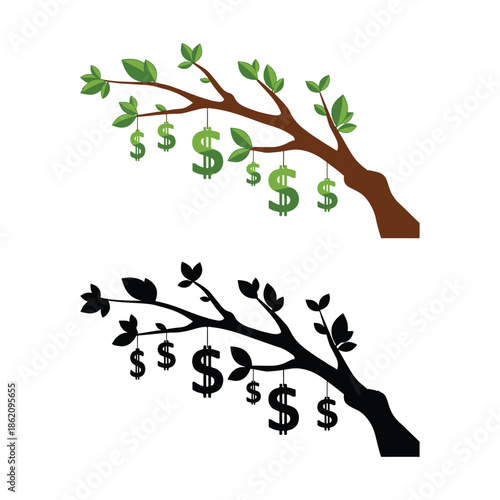 Illustrative tree branches with dollar leaves Vector