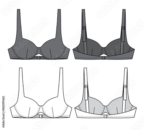 Padded bra technical flat drawing vector mockup template.