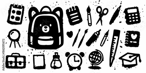 A collection of whimsical black and white illustrated everyday objects and icons
